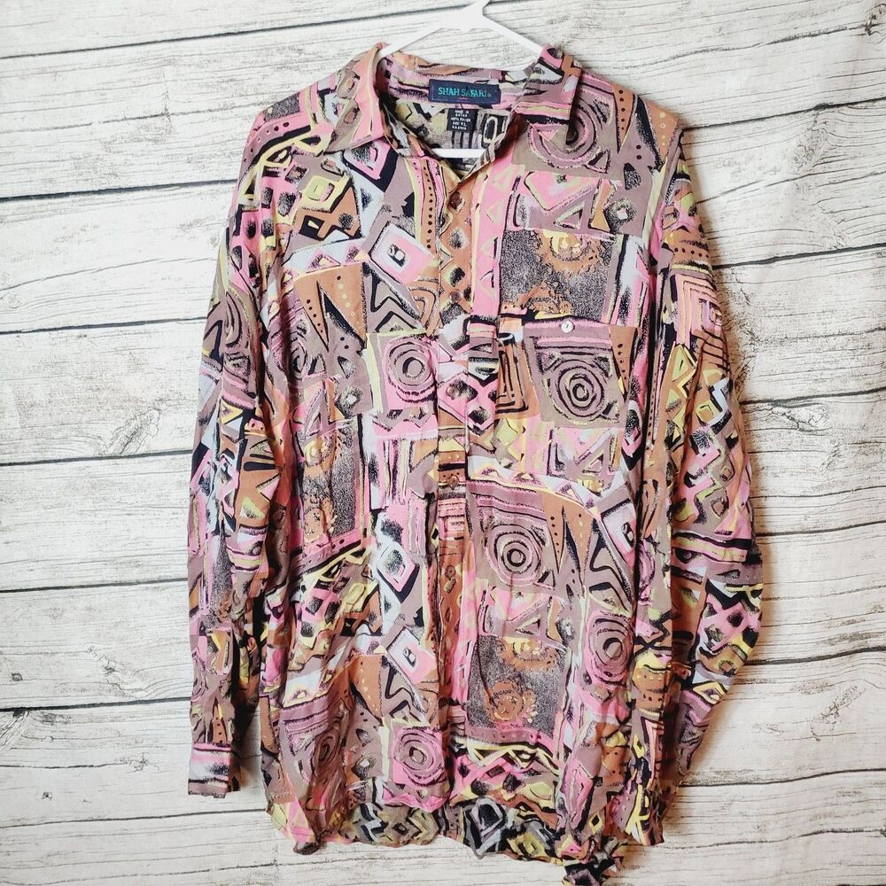 VTG Shah Safari Rayon Long Sleeve Button Down Shirt Size XL